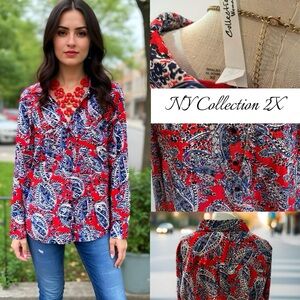 NY Collection Vibrant Red and Blue Paisley Blouse